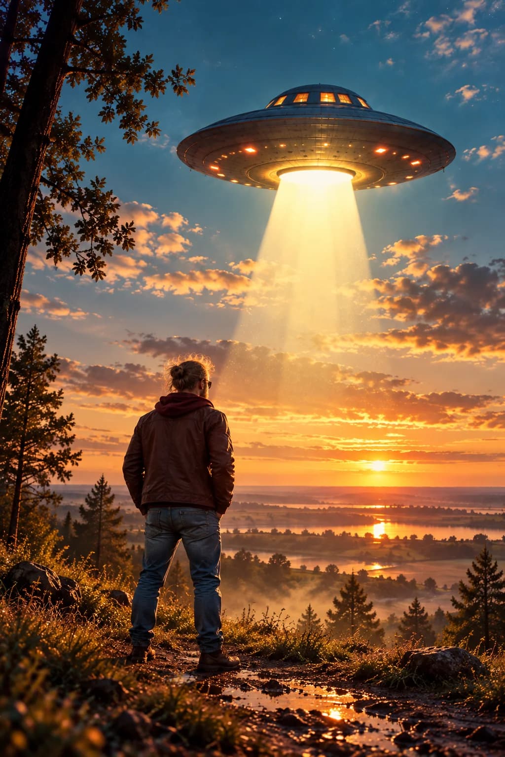 Brian kijkt naar een ufo bij zonsondergang