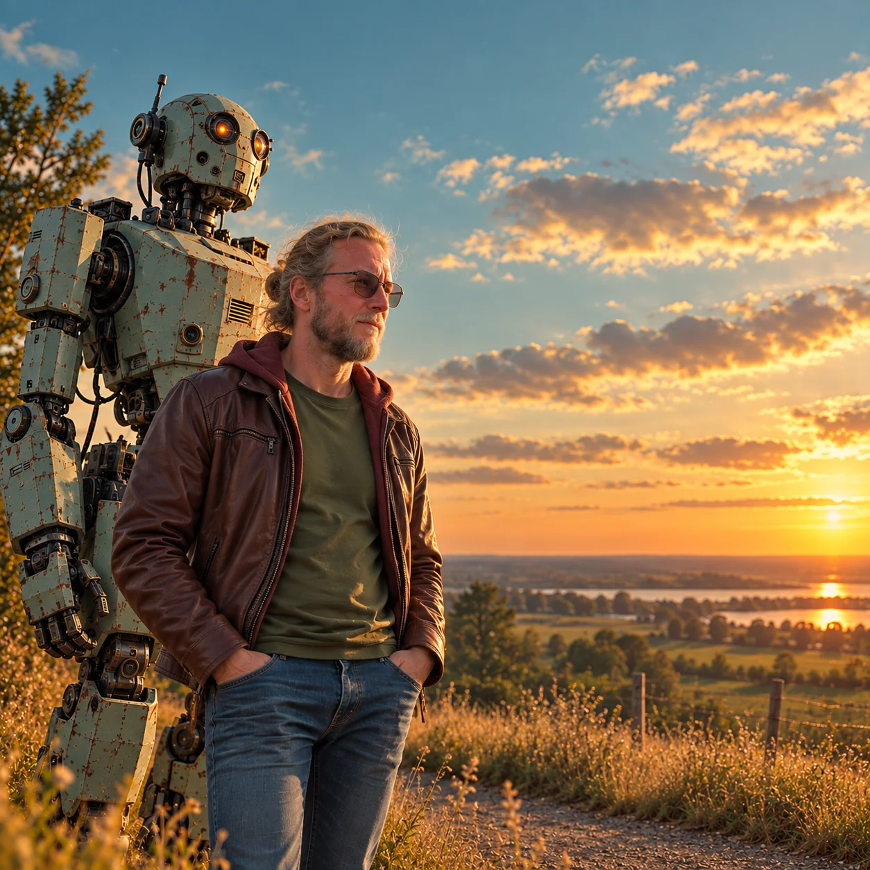 Brian met robot bij zonsondergang