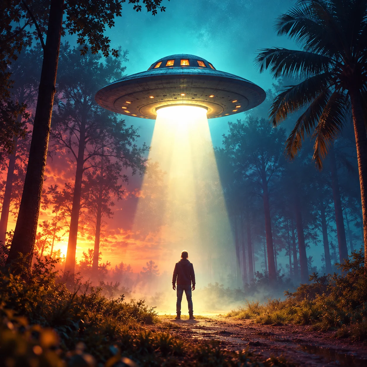 Brian onder een ufo in het bos